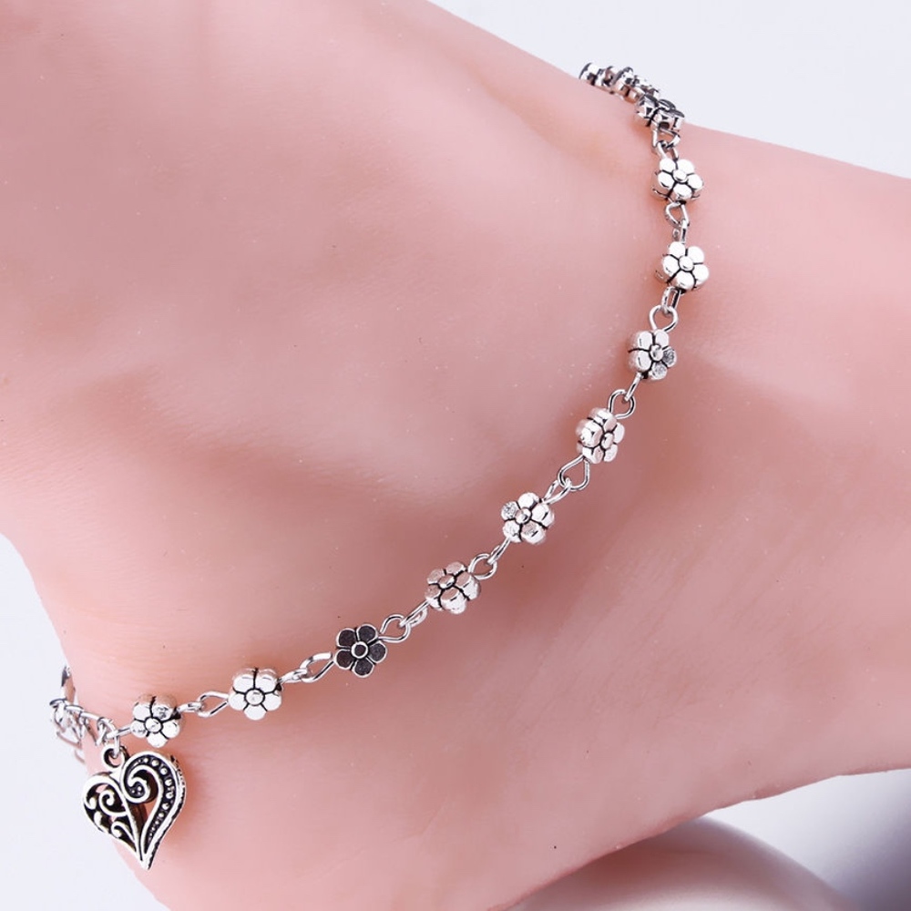 Flower Heart Anklet Silver Tone